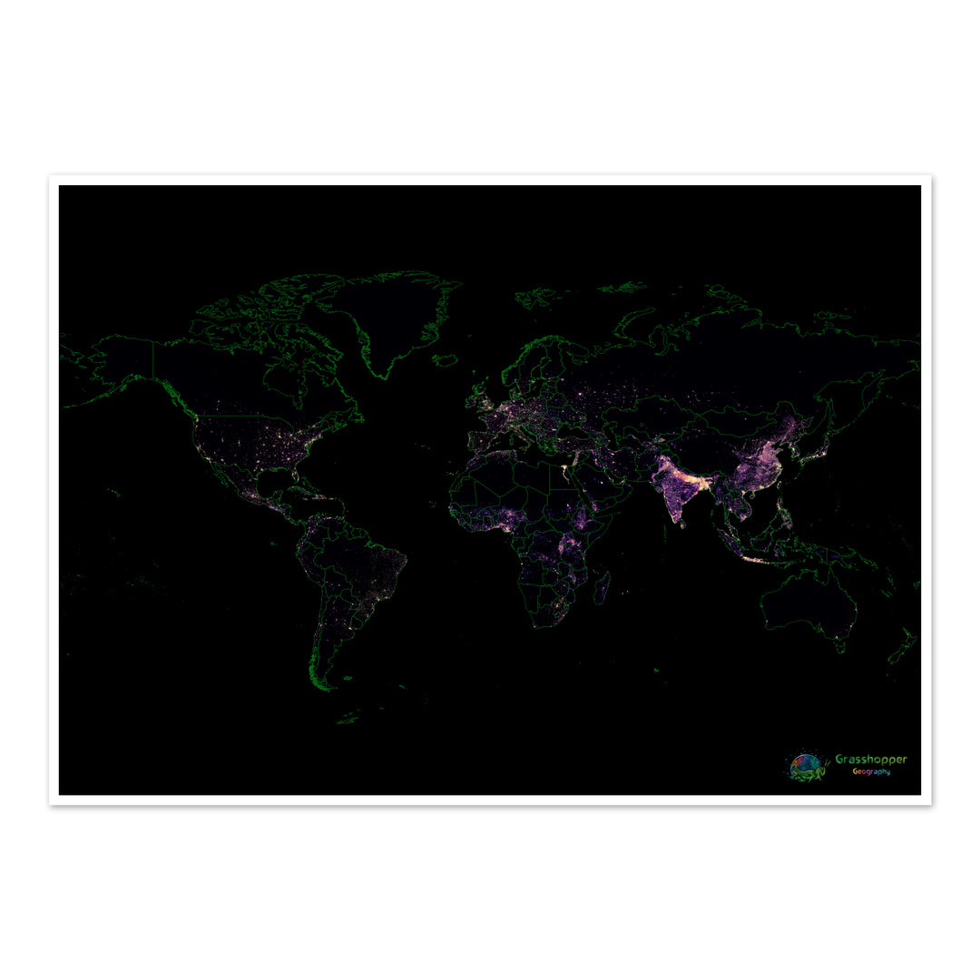 El mundo - Mapa de calor de densidad de población - Impresión de bellas artes