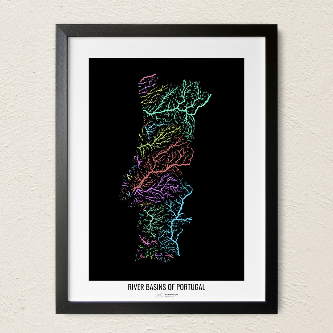 A colorful Grasshopper Geography river map on a light wall. The premium fine art poster is in a black frame with a white border. The name of the country, continent or region is printed under the image.