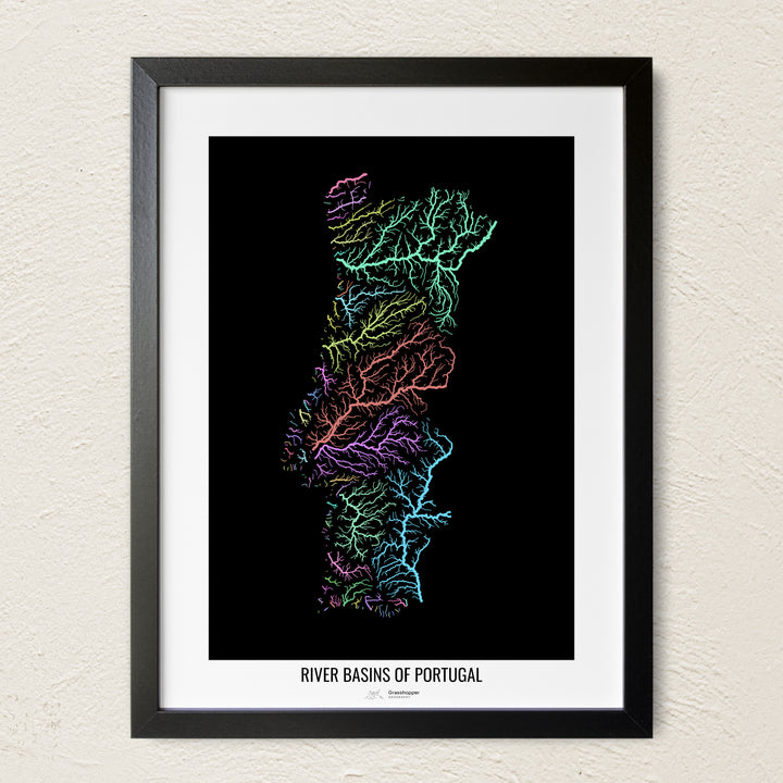 A colorful Grasshopper Geography river map on a light wall. The premium fine art poster is in a black frame with a white border. The name of the country, continent or region is printed under the image.