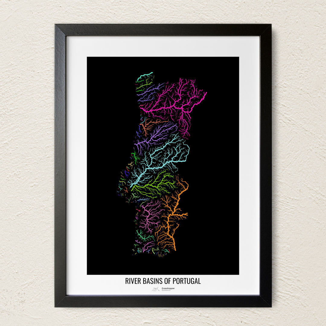 A colorful Grasshopper Geography river map on a light wall. The premium fine art poster is in a black frame with a white border. The name of the country, continent or region is printed under the image.