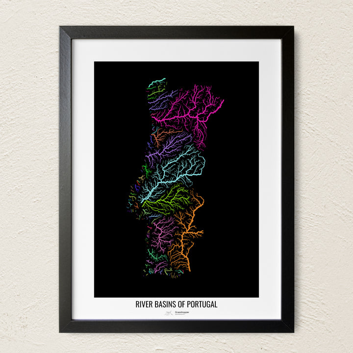 A colorful Grasshopper Geography river map on a light wall. The premium fine art poster is in a black frame with a white border. The name of the country, continent or region is printed under the image.
