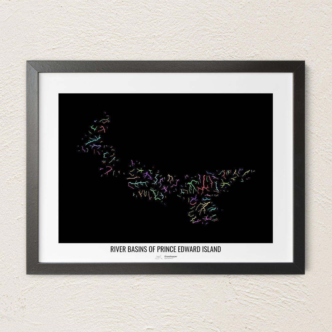 A colorful Grasshopper Geography river map on a light wall. The premium fine art poster is in a black frame with a white border. The name of the country, continent or region is printed under the image.