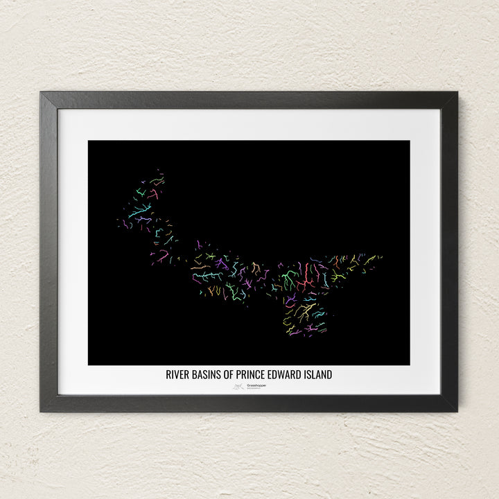 A colorful Grasshopper Geography river map on a light wall. The premium fine art poster is in a black frame with a white border. The name of the country, continent or region is printed under the image.