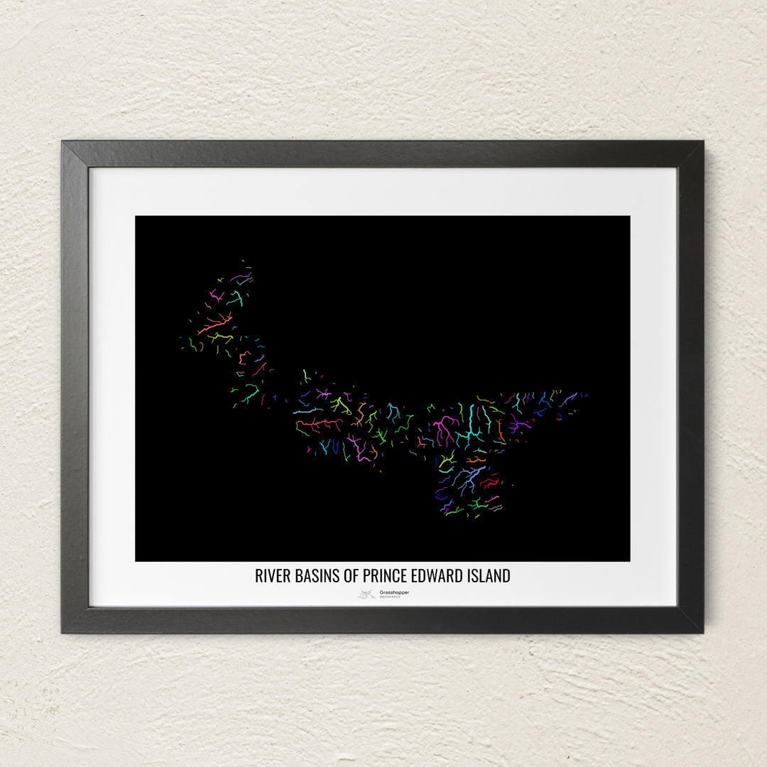A colorful Grasshopper Geography river map on a light wall. The premium fine art poster is in a black frame with a white border. The name of the country, continent or region is printed under the image.