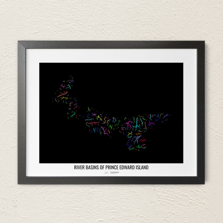 A colorful Grasshopper Geography river map on a light wall. The premium fine art poster is in a black frame with a white border. The name of the country, continent or region is printed under the image.