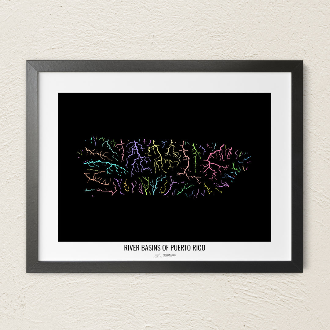 A colorful Grasshopper Geography river map on a light wall. The premium fine art poster is in a black frame with a white border. The name of the country, continent or region is printed under the image.