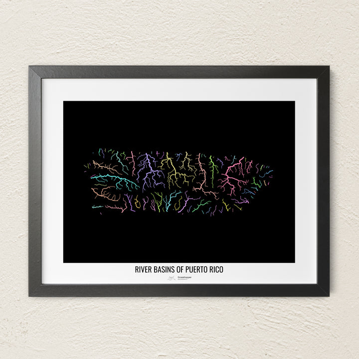 A colorful Grasshopper Geography river map on a light wall. The premium fine art poster is in a black frame with a white border. The name of the country, continent or region is printed under the image.