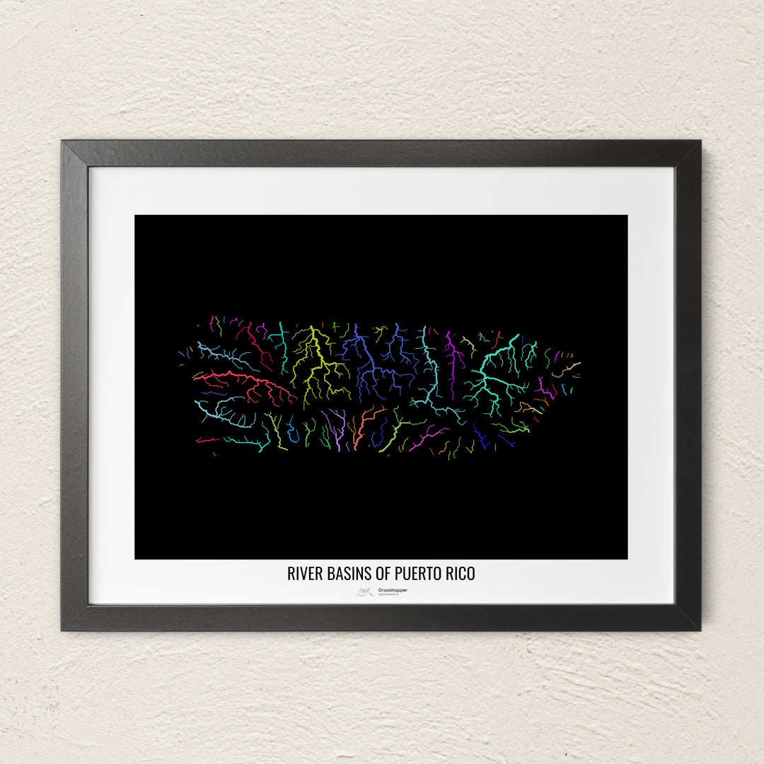 A colorful Grasshopper Geography river map on a light wall. The premium fine art poster is in a black frame with a white border. The name of the country, continent or region is printed under the image.