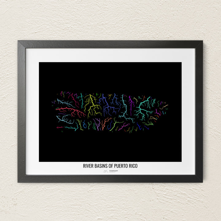A colorful Grasshopper Geography river map on a light wall. The premium fine art poster is in a black frame with a white border. The name of the country, continent or region is printed under the image.