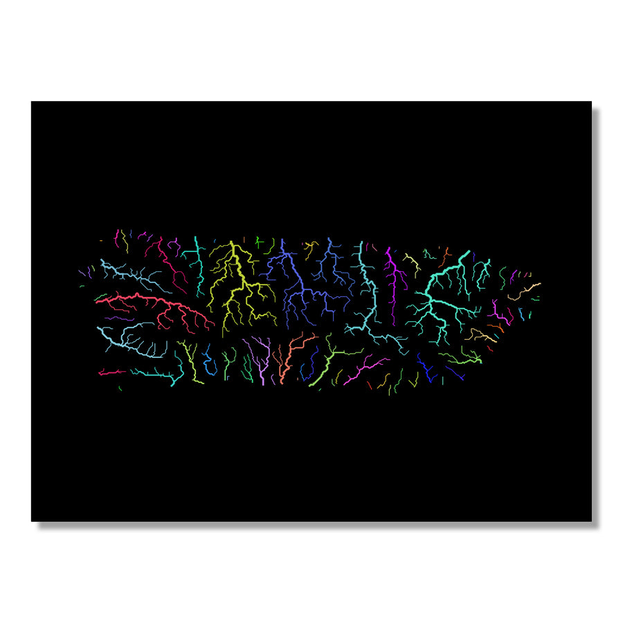 Puerto Rico - River basin map, rainbow colours - Wall Art by Grasshopper Geography. Image of a high-resolution map created by geographer Robert Szucs, available as wall art and for licensing.