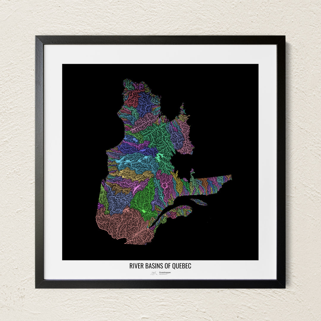 A colorful Grasshopper Geography river map on a light wall. The premium fine art poster is in a black frame with a white border. The name of the country, continent or region is printed under the image.