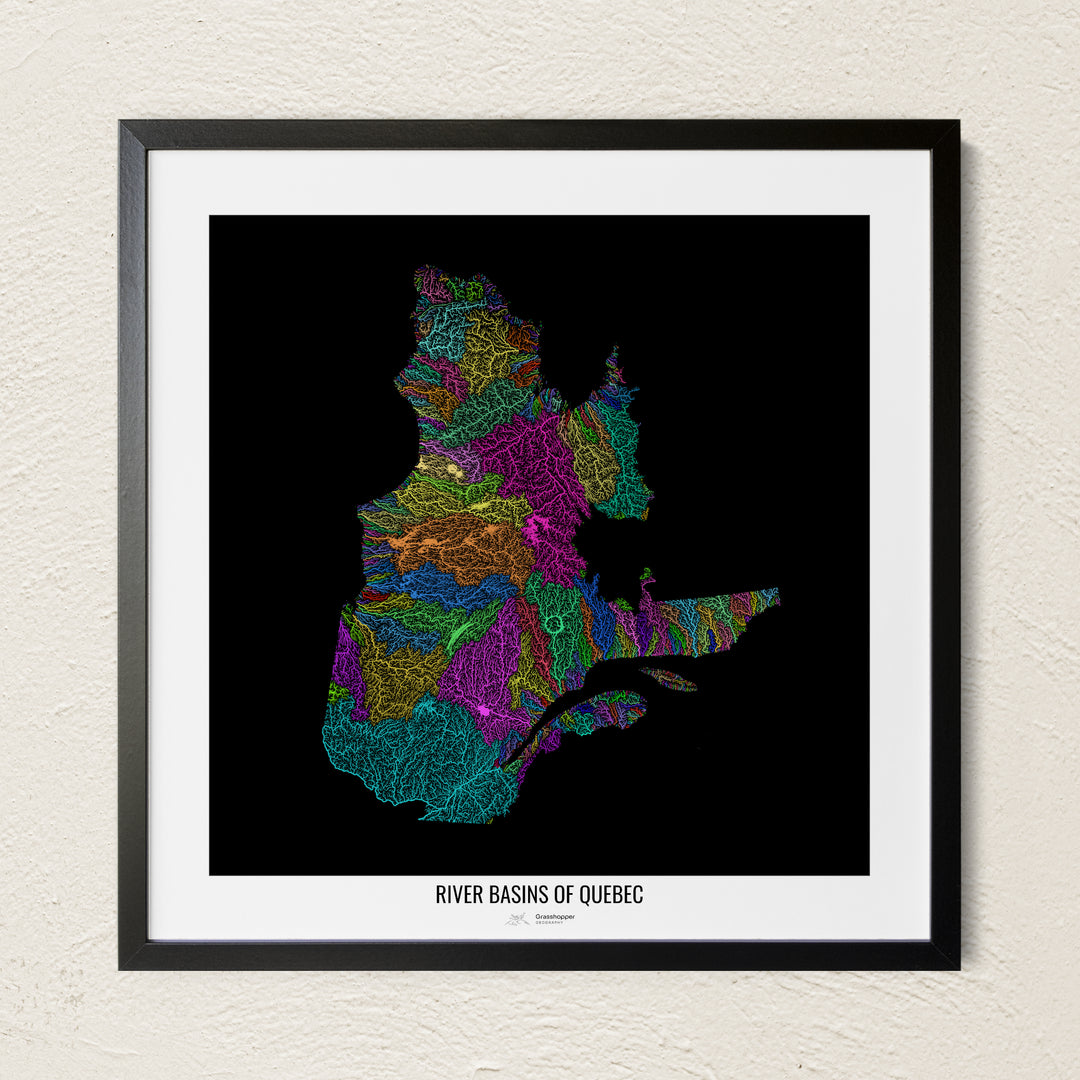 A colorful Grasshopper Geography river map on a light wall. The premium fine art poster is in a black frame with a white border. The name of the country, continent or region is printed under the image.