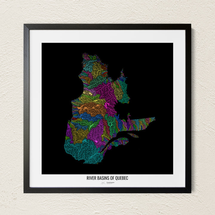 A colorful Grasshopper Geography river map on a light wall. The premium fine art poster is in a black frame with a white border. The name of the country, continent or region is printed under the image.