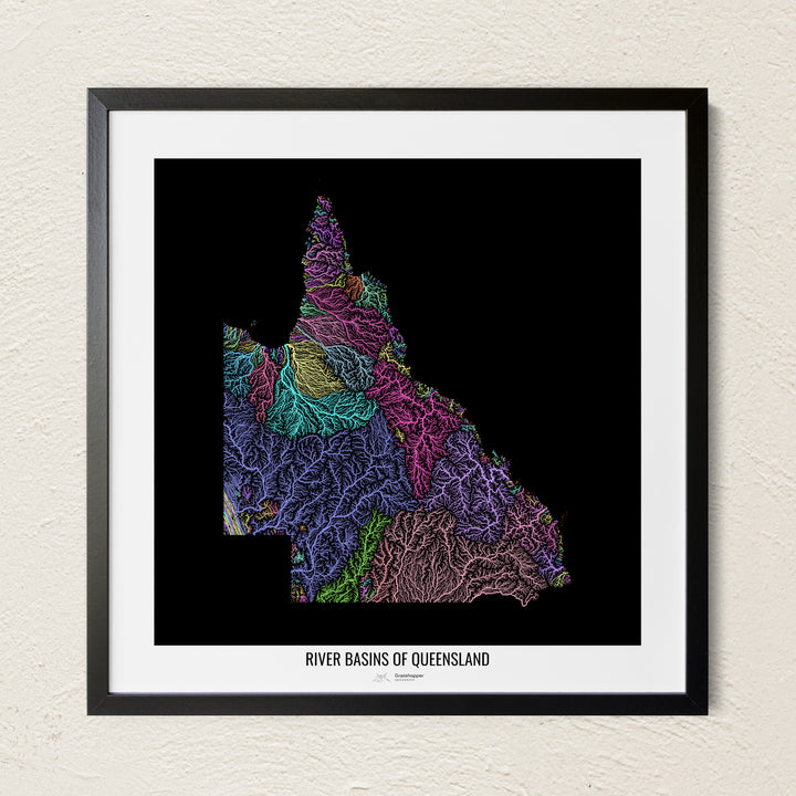 A colorful Grasshopper Geography river map on a light wall. The premium fine art poster is in a black frame with a white border. The name of the country, continent or region is printed under the image.