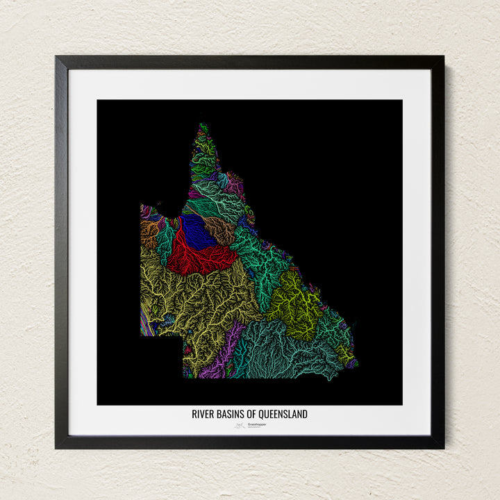A colorful Grasshopper Geography river map on a light wall. The premium fine art poster is in a black frame with a white border. The name of the country, continent or region is printed under the image.