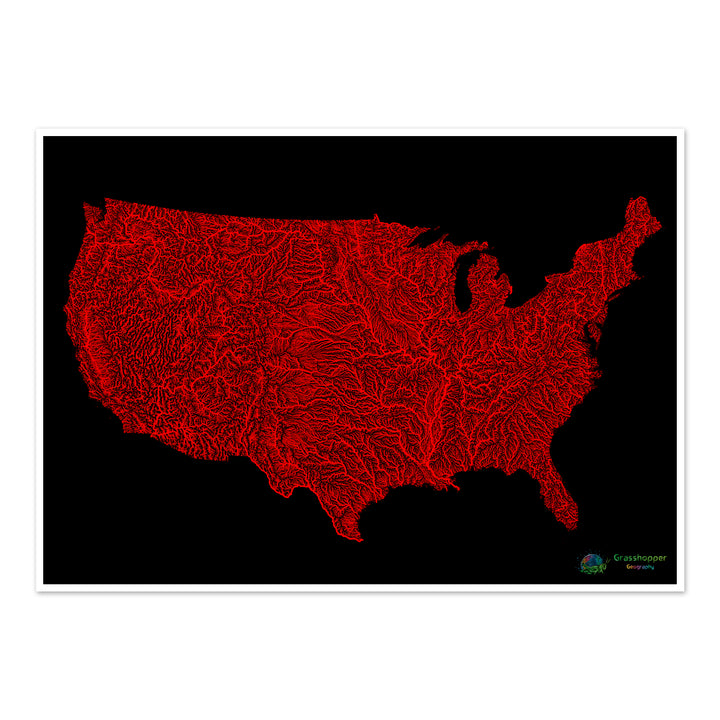 Red river map of the United States with black background - Fine Art Print