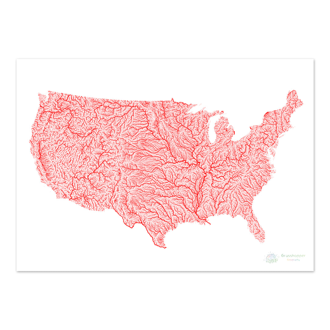 Les États-Unis - Carte du fleuve Rouge sur blanc - Tirage d'art