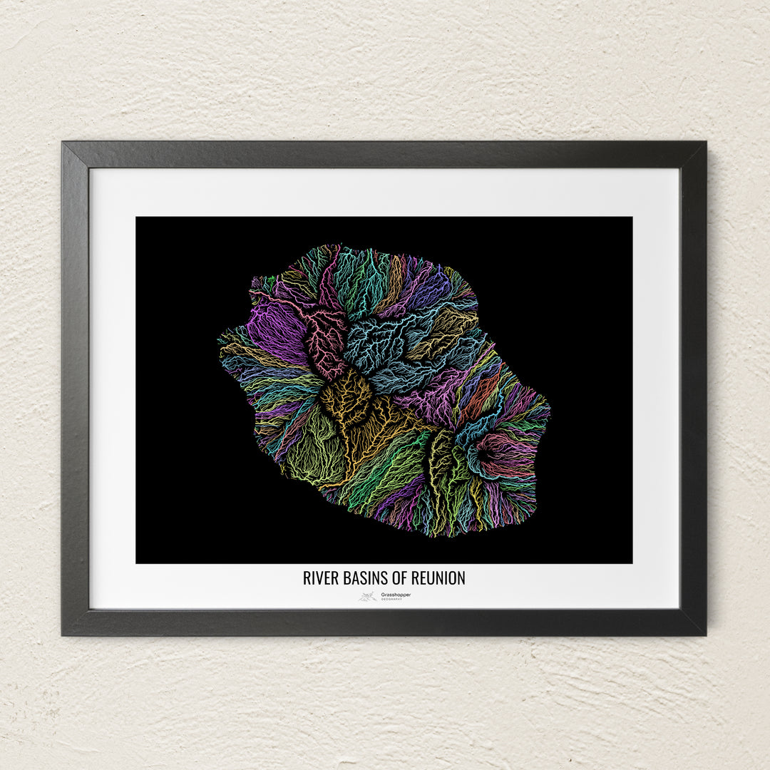 A colorful Grasshopper Geography river map on a light wall. The premium fine art poster is in a black frame with a white border. The name of the country, continent or region is printed under the image.