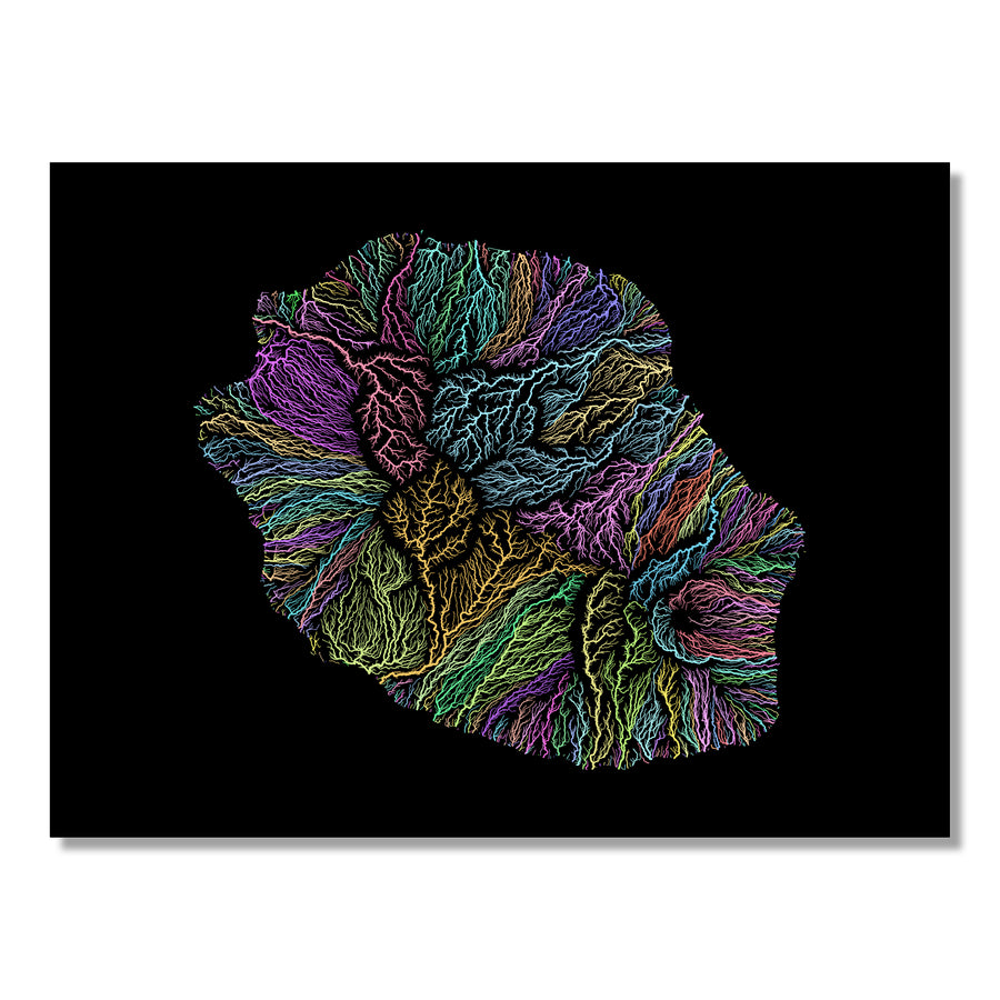 Reunion - River basin map, pastel colours - Wall Art by Grasshopper Geography. Image of a high-resolution map created by geographer Robert Szucs, available as wall art and for licensing.