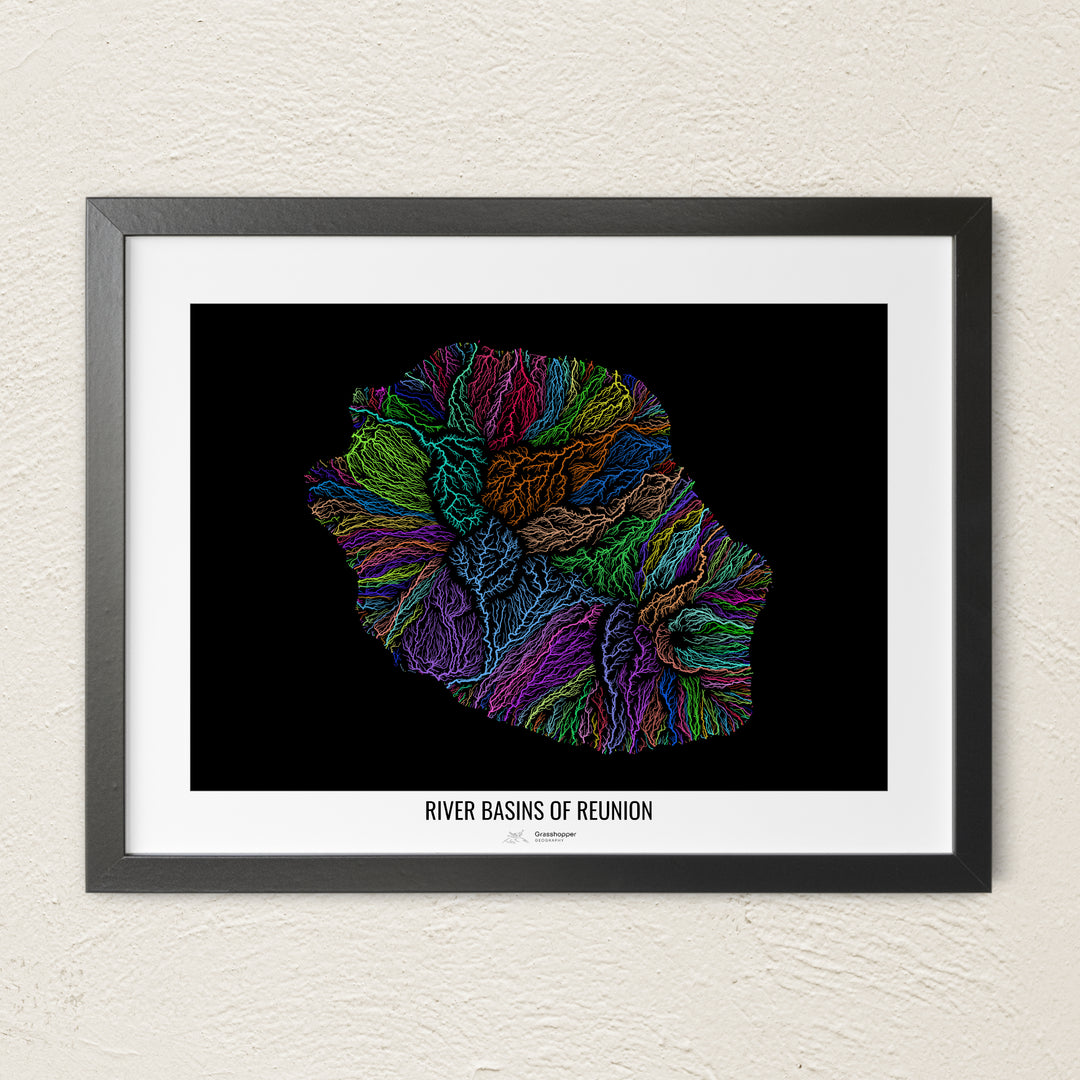 A colorful Grasshopper Geography river map on a light wall. The premium fine art poster is in a black frame with a white border. The name of the country, continent or region is printed under the image.