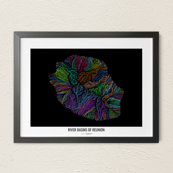 A colorful Grasshopper Geography river map on a light wall. The premium fine art poster is in a black frame with a white border. The name of the country, continent or region is printed under the image.