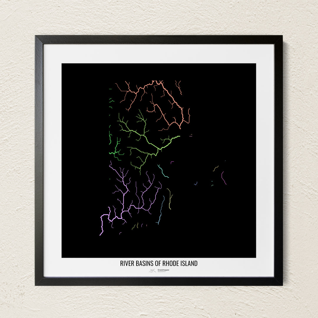 A colorful Grasshopper Geography river map on a light wall. The premium fine art poster is in a black frame with a white border. The name of the country, continent or region is printed under the image.