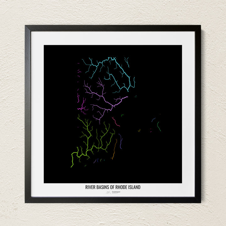 A colorful Grasshopper Geography river map on a light wall. The premium fine art poster is in a black frame with a white border. The name of the country, continent or region is printed under the image.