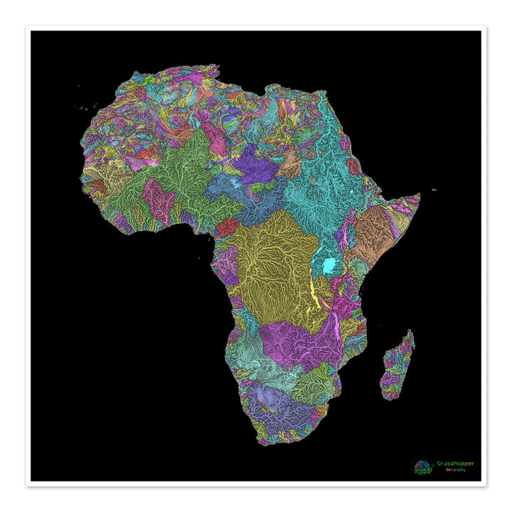 África - Mapa de la cuenca fluvial, pastel sobre negro - Impresión de Bellas Artes