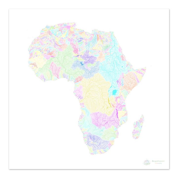 África - Mapa de la cuenca fluvial, pastel sobre blanco - Impresión de Bellas Artes