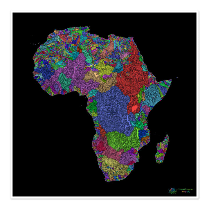 África - Mapa de la cuenca fluvial, arco iris sobre negro - Impresión de Bellas Artes