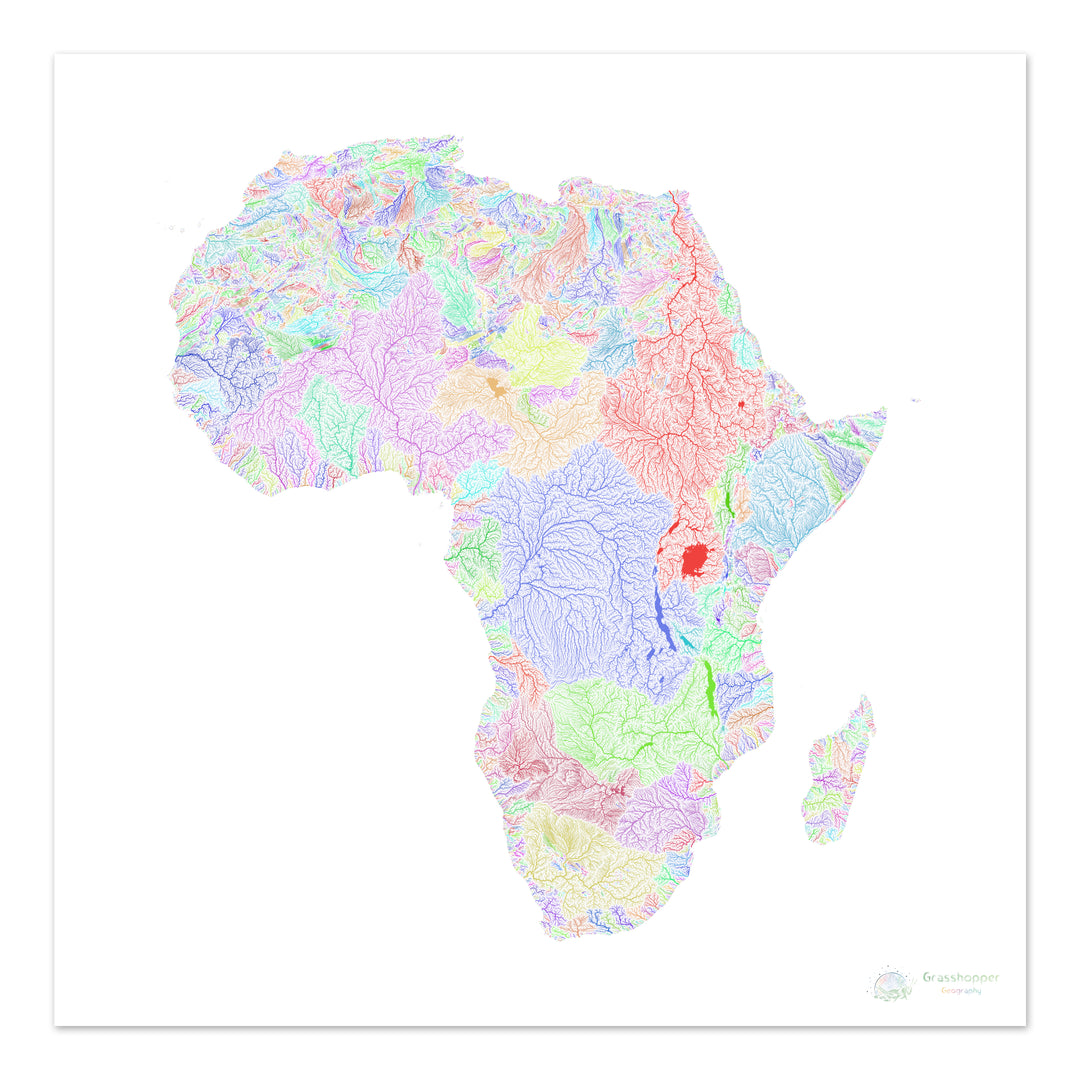 África - Mapa de cuencas fluviales, arco iris sobre blanco - Impresión de Bellas Artes