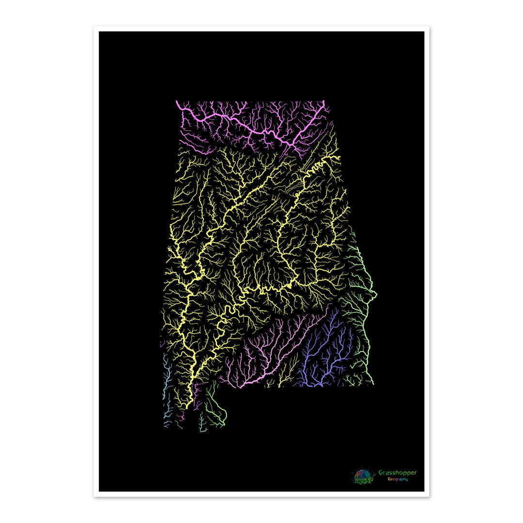 River basin map of Alabama, pastel colours on black - Fine Art Print