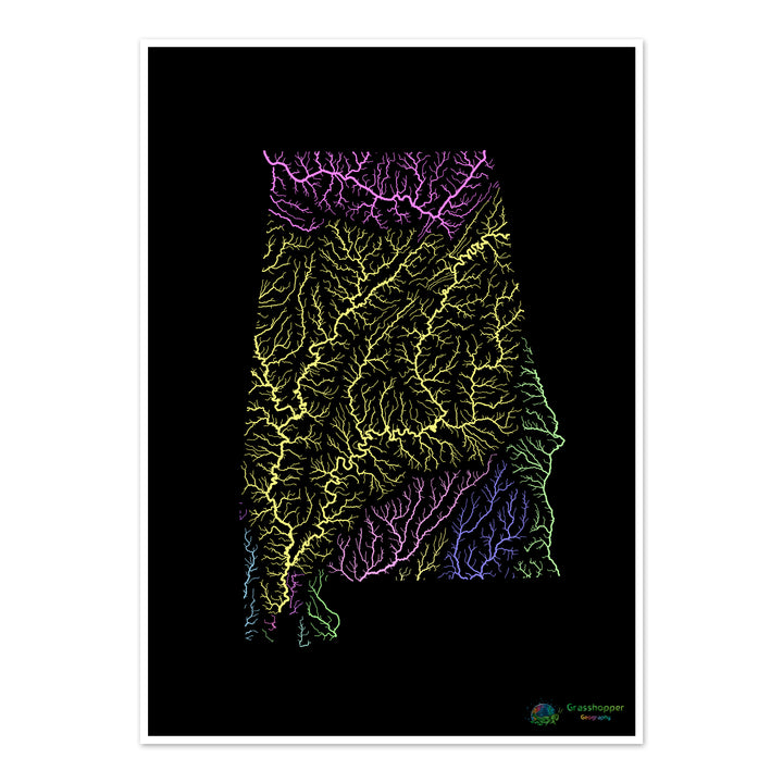 Alabama - Carte du bassin fluvial, pastel sur noir - Fine Art Print