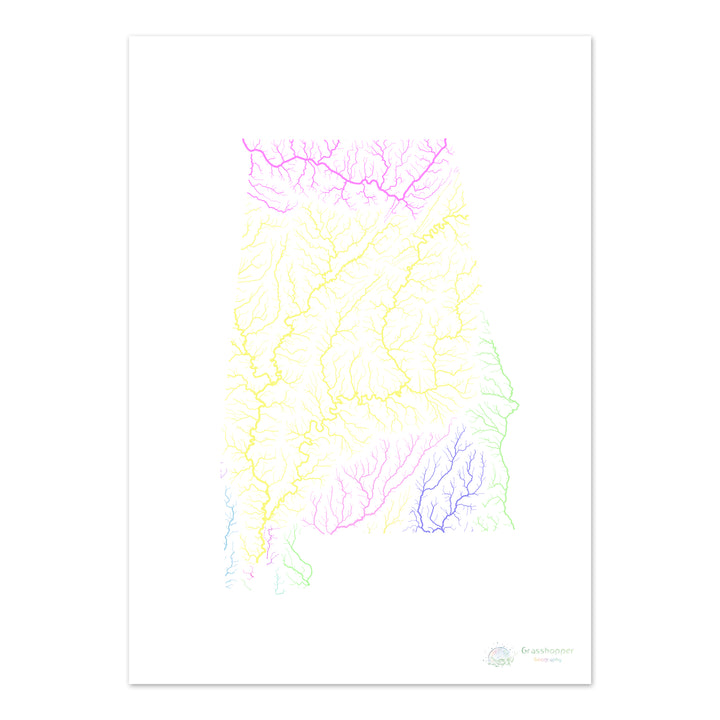 River basin map of Alabama, pastel colours on white - Fine Art Print