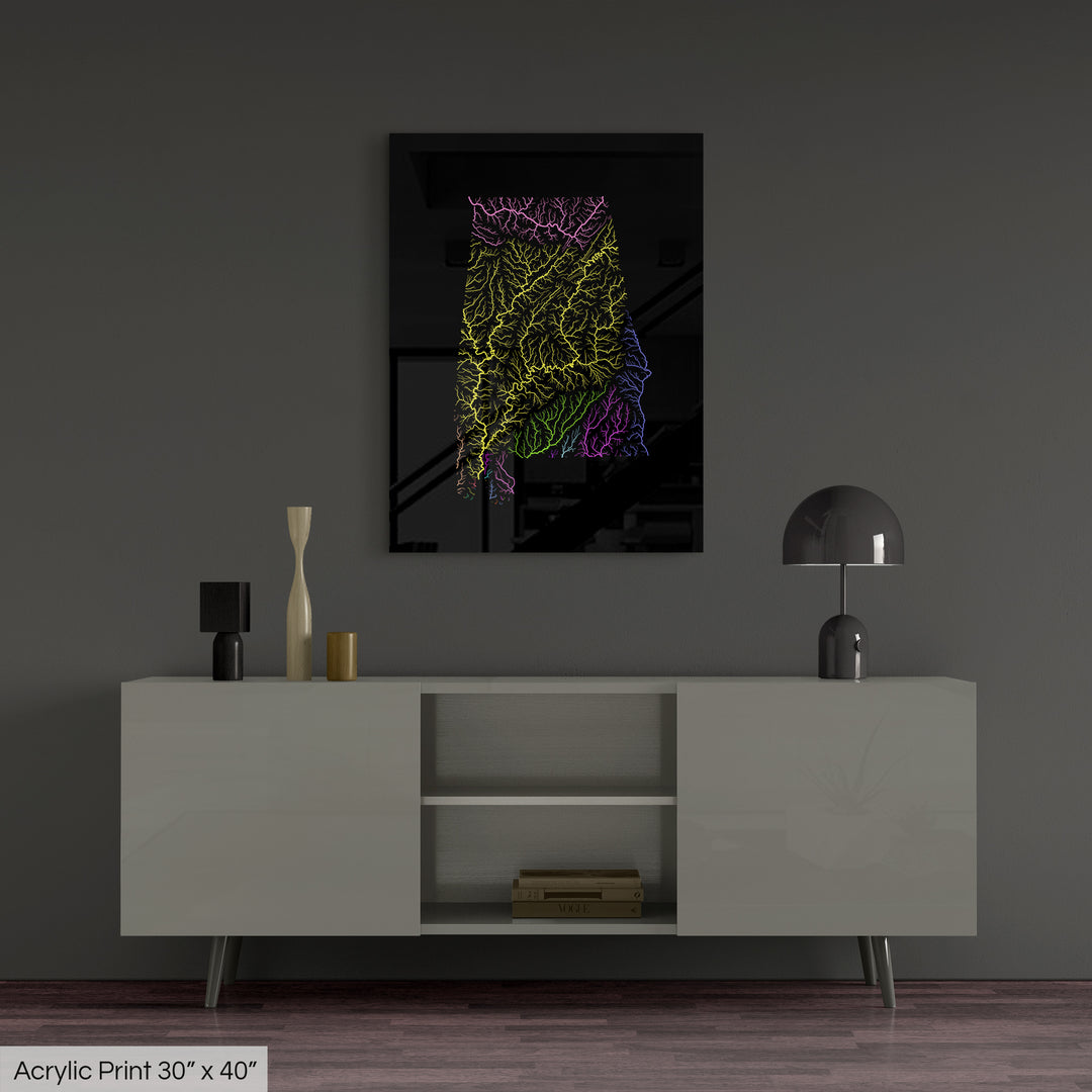 Alabama - River basin map, rainbow colours - Wall Art