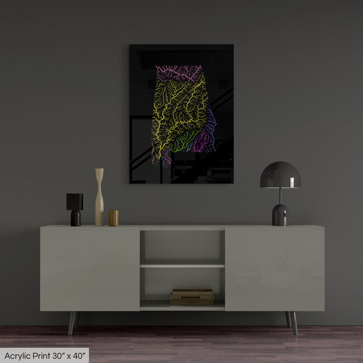Alabama - River basin map, rainbow colours - Wall Art