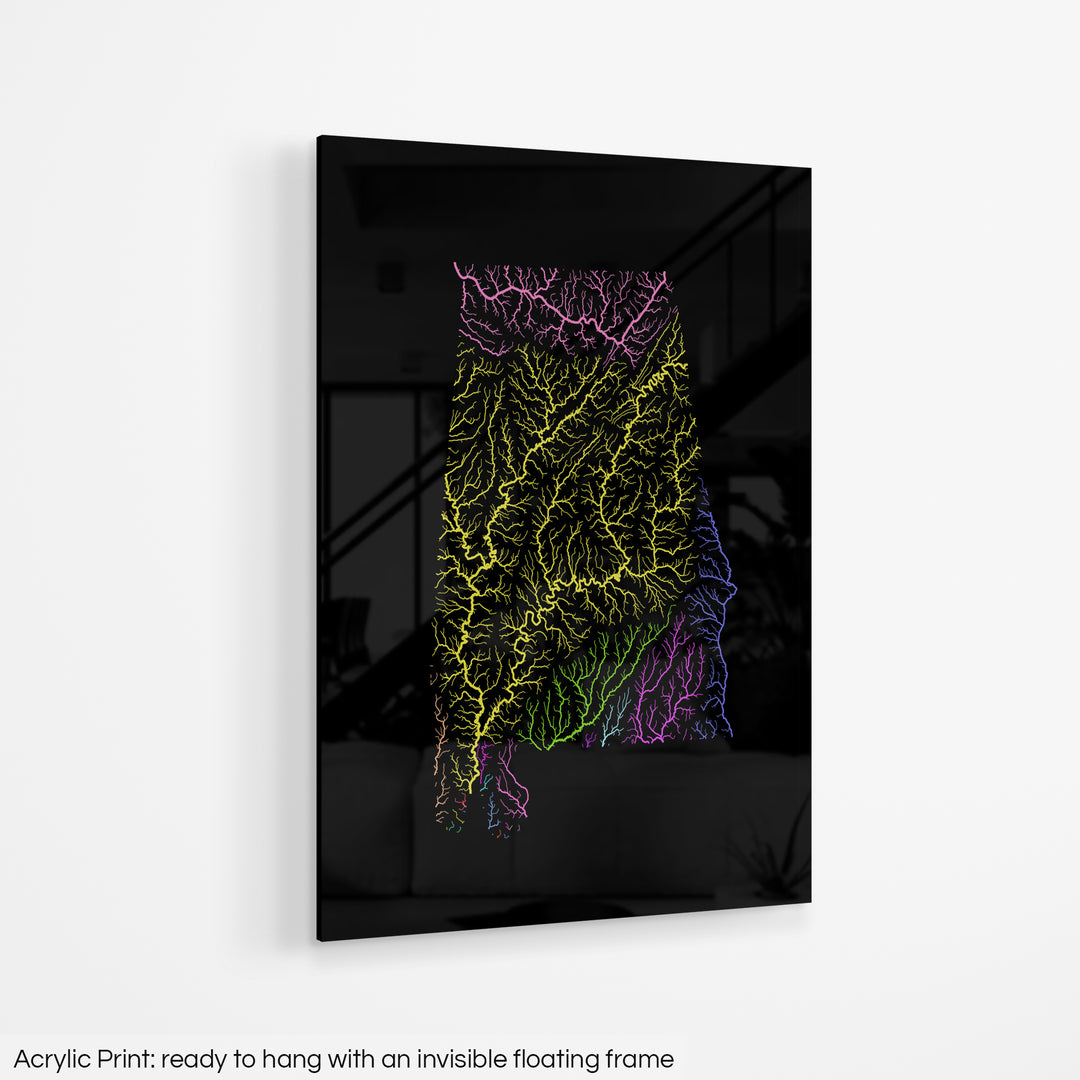 Alabama - River basin map, rainbow colours - Wall Art