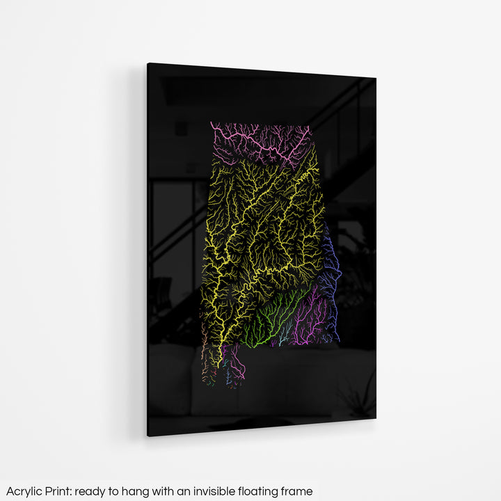 Alabama - River basin map, rainbow colours - Wall Art
