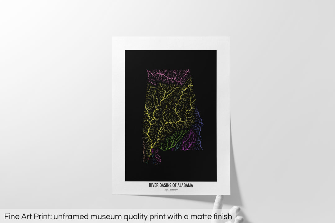Alabama - River basin map, rainbow colours - Wall Art