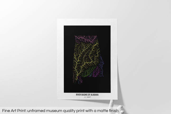 Alabama - River basin map, rainbow colours - Wall Art