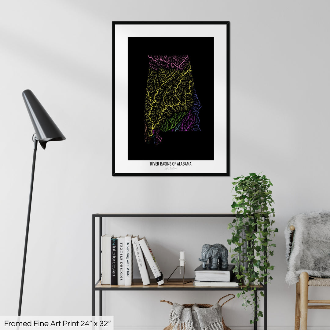 Alabama - River basin map, rainbow colours - Wall Art