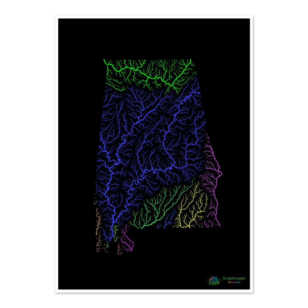 Alabama - Mapa de la cuenca fluvial, arco iris sobre negro - Impresión de bellas artes
