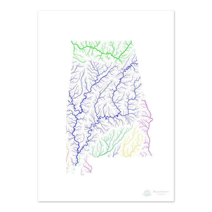 Alabama - Mapa de la cuenca fluvial, arco iris sobre blanco - Impresión de bellas artes