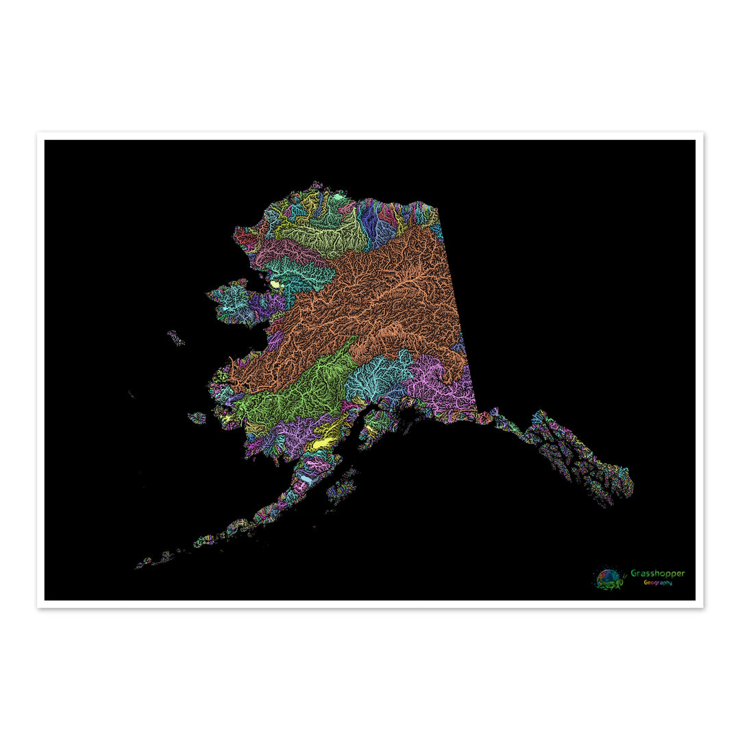 Alaska - River basin map, pastel on black - Fine Art Print