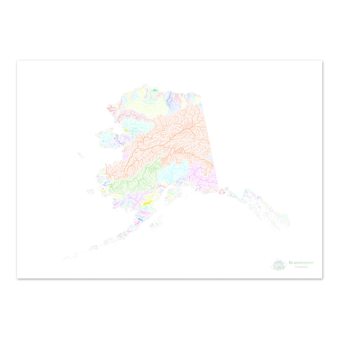 River basin map of Alaska, pastel colours on white - Fine Art Print