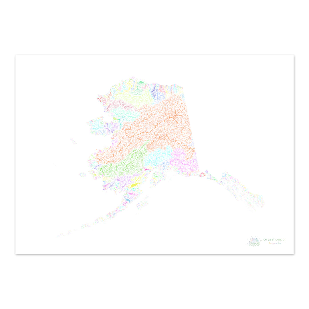 Alaska - Mapa de la cuenca fluvial, pastel sobre blanco - Impresión de Bellas Artes