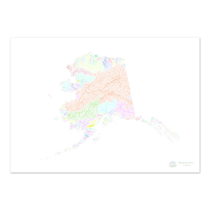 Alaska - Mapa de la cuenca fluvial, pastel sobre blanco - Impresión de Bellas Artes