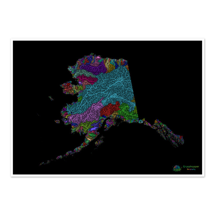 River basin map of Alaska, rainbow colours on black - Fine Art Print