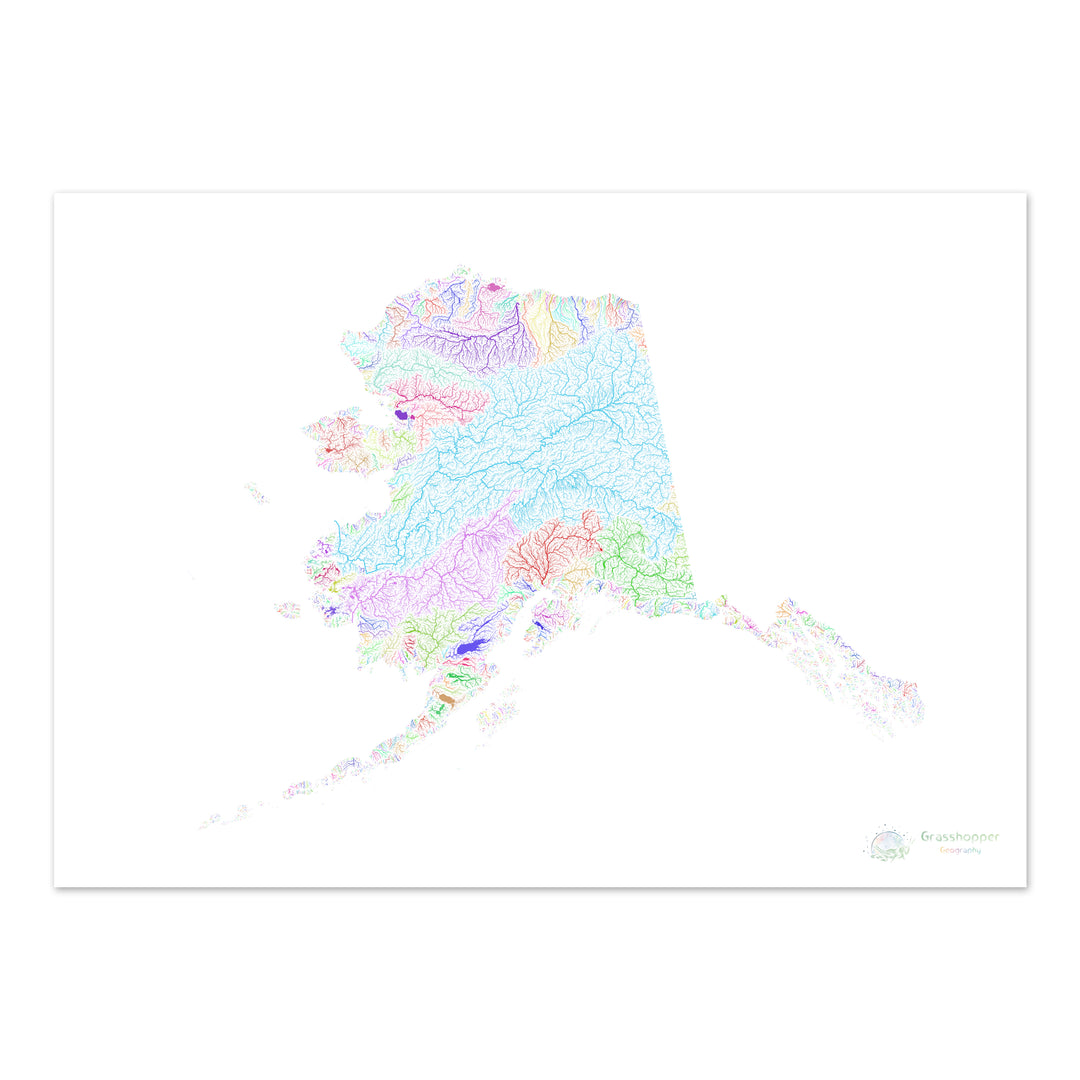 Alaska - Mapa de la cuenca fluvial, arco iris sobre blanco - Impresión de bellas artes