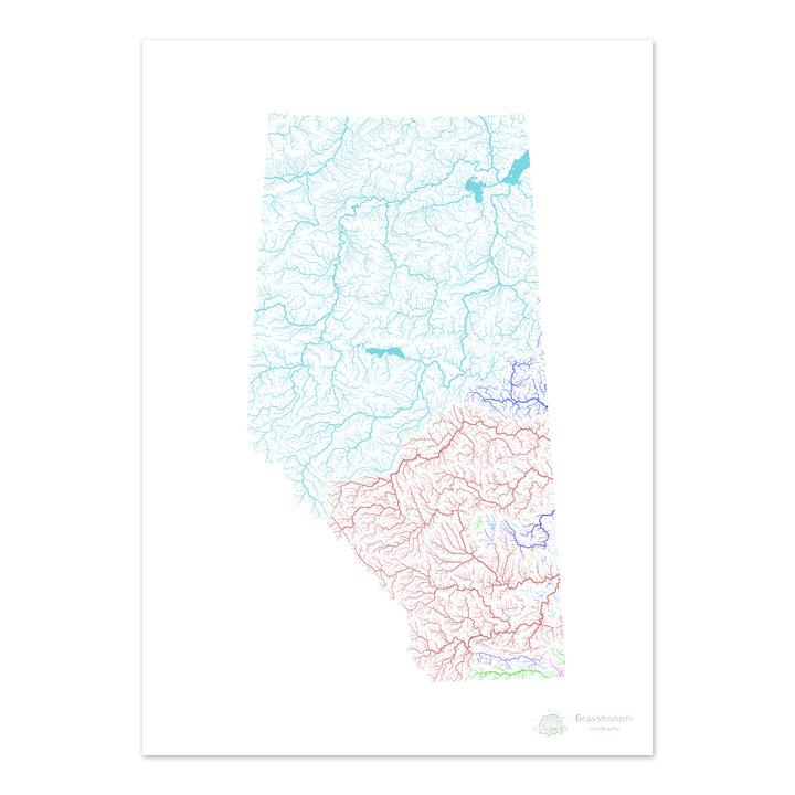 River basin map of Alberta, rainbow colours on white Fine Art Print